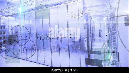Showing server cabinets displaying network cables in data center hall, glass board math formulas Stock Photo