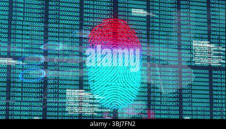 Displaying stylized neon fingerprint graphic over computer interface, with columns of numeric code Stock Photo