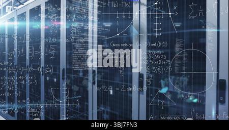 Displaying racks behind glass doors in data center, with blinking LEDs, code lines, math overlays Stock Photo