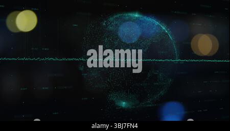 Turquoise dot matrix globe spinning on panel, showing waveform with numeric markers, bokeh circles Stock Photo