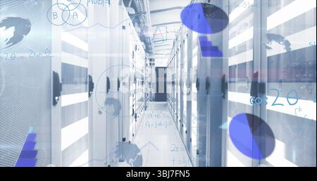 Displaying server cabinet corridor running through data center, with network cables and LED lights Stock Photo