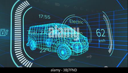 Displaying wireframe electric van model in virtual HUD, showing speed gauge and progress bars Stock Photo