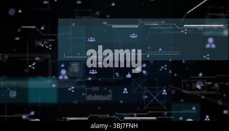 Displaying teal panel spanning digital interface, with floating user icons and data points Stock Photo