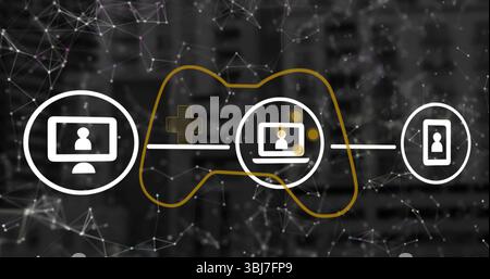 Displaying device icons linking monitor, laptop, smartphone in network field, with game controller Stock Photo