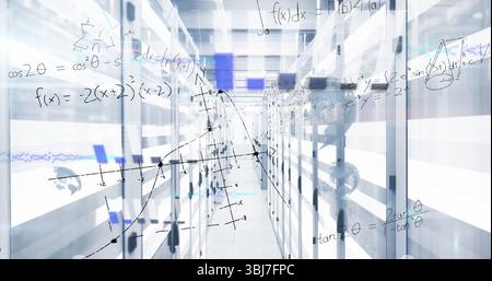 Displaying server racks lining data center aisle with LED panels, floating math and graph overlays Stock Photo