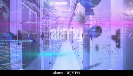 Displaying server rack aisle glowing purple and blue code overlays in data center, with cable trays Stock Photo