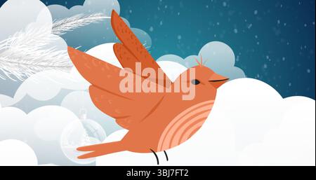 Orange bird gliding through cloud shapes in teal-blue sky, with glass ornament and white feathers Stock Photo