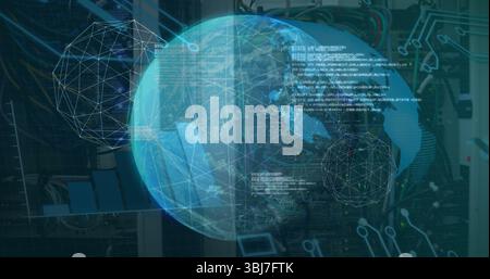 Projecting transparent digital Earth globe rotating above data center racks, with wireframe spheres Stock Photo