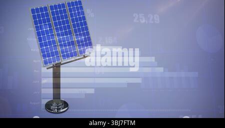 Showing tilted solar panel array on support mast on digital display, with energy charts, copy space Stock Photo