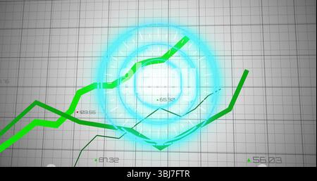 Displaying cyan concentric interface tracing green line graphs in dashboard, with numeric labels Stock Photo