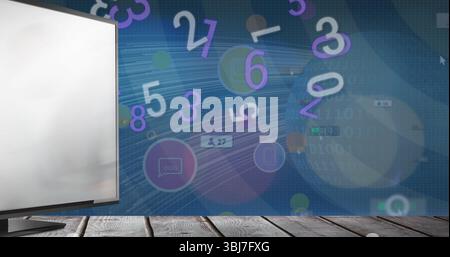 Displaying monitor resting on wooden surface in workspace, data trails numbers icons, copy space Stock Photo