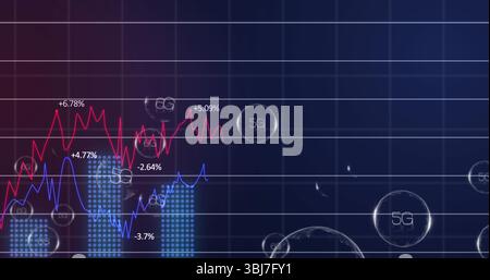 Displaying data with red and blue line graphs on dark blue grid, percentage labels, 5G bubbles Stock Photo