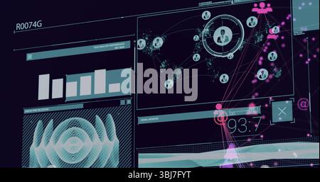 Displaying digital interface on widescreen monitor, with bar chart, network map, signal monitor Stock Photo