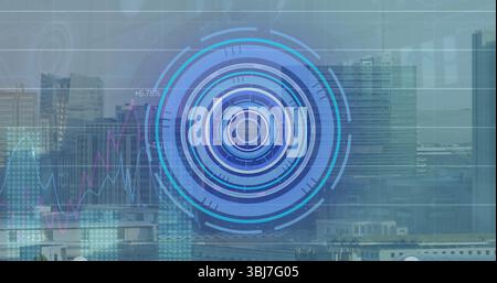 Displaying circular HUD overlaying city rooftop, with teal and magenta lines and percentage labels Stock Photo