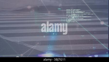 Displaying zebra-striped crosswalk projecting glowing code overlay on asphalt road, grid lines Stock Photo