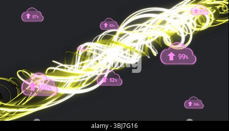 Flowing neon light stream representing data transfer in dark grey tech space, with pink cloud icons Stock Photo