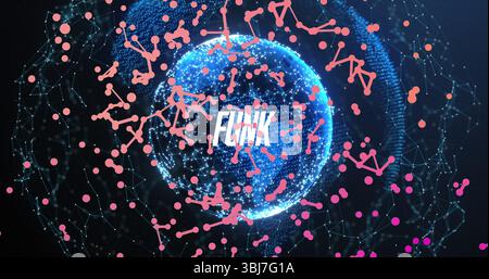 Displaying glowing blue globe floating in dark network space with pink nodes and lines, text FLINK Stock Photo
