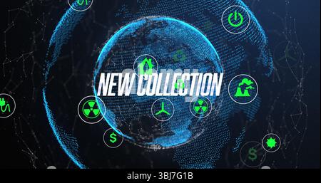 Displaying blue dotted globe with NEW COLLECTION overlay on network backdrop, showing green icons Stock Photo