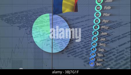 Displaying pie chart overlaying graphs and month markers in infographic with Romanian flag stripes Stock Photo