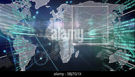 Displaying world map outline floating on blue grid backdrop, with cascading code and info window Stock Photo