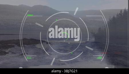 Concentric circular HUD overlay displaying interface over coastal inlet, with green indicators Stock Photo