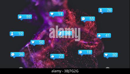 Swirling purple red particles in cyberspace, with blue social media notification bubbles Stock Photo