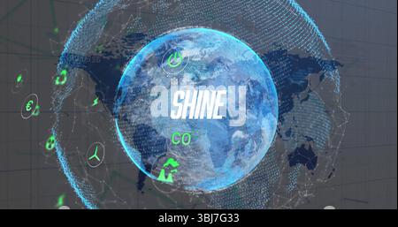 Displaying holographic Earth globe glowing in data interface, with SHINE CO text and neon icons Stock Photo