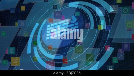 Showing central firewall icon framed by concentric rings at network panel with floating app icons Stock Photo