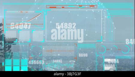 Displaying semi-transparent HUD overlaying coast, with numeric display, line graphs, network mesh Stock Photo