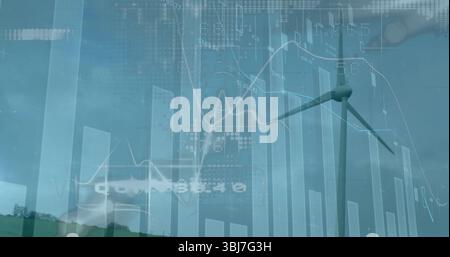 Displaying wind turbine intersecting bar charts and line graphs on grassy hill, with numerical data Stock Photo