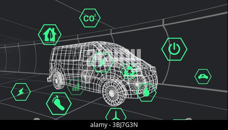 Displaying wireframe van model sliding through digital tunnel, with floating green hexagon icons Stock Photo