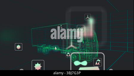 Displaying wireframe semi-trailer truck floating in grid 3D space, glowing CO2 and recycling icons Stock Photo