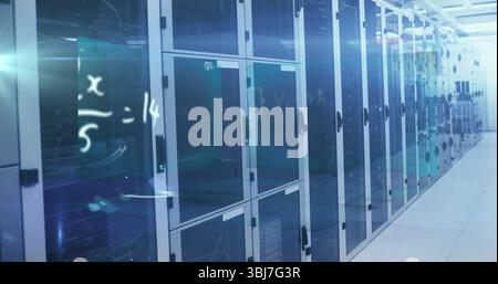 Glowing server cabinets showing racks and patch panels in data center, with LED indicator lights Stock Photo