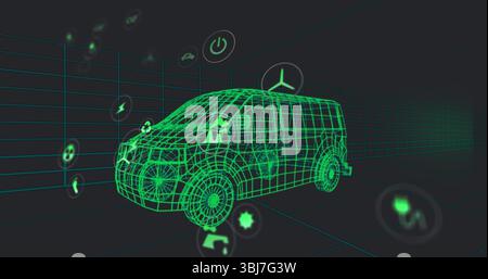 Rotating neon green wireframe van model in virtual 3D grid, with floating holographic icons Stock Photo