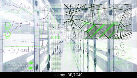 Displaying data center corridor with network topology map showing green paths and formula overlays Stock Photo