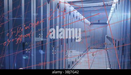Displaying central aisle of server racks lining server room corridor, with digital overlays Stock Photo