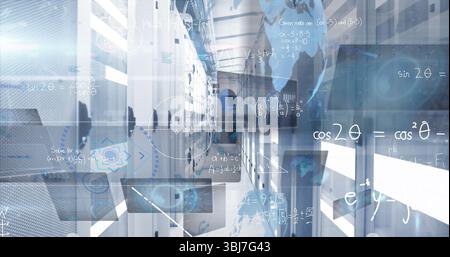 Displaying server racks in data center, with holographic math equations and world map overlay Stock Photo