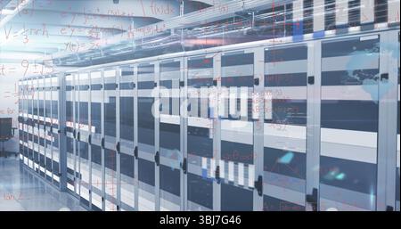 Displaying rack servers in data center corridor, showing glass doors, cable trays, cooling tiles Stock Photo