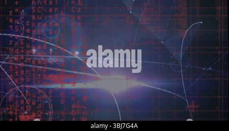 Glowing central light burst radiating network grid, with red code lines, circular interface nodes Stock Photo