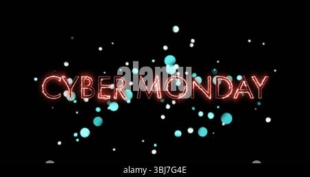 Displaying glowing red CYBER MONDAY text on black canvas, with teal and white particle elements Stock Photo