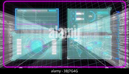 Displaying four holographic panels floating over 3D grid, with data streams and magenta frame Stock Photo