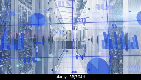 Displaying server racks projecting data analytics overlays in server room, network switches Stock Photo
