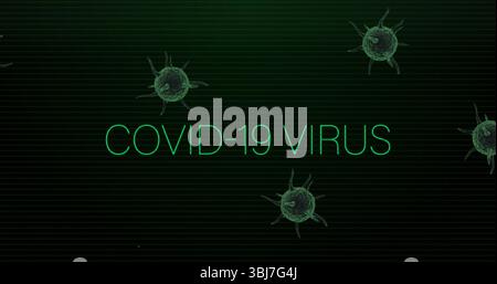 Displaying green neon text 'COVID-19 VIRUS' floating on dark digital monitor, with 3D virus spheres Stock Photo