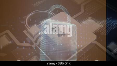 Displaying 3D padlock revealing brain silhouette on circuit board paths with floating code elements Stock Photo