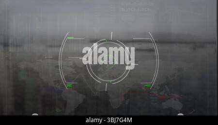 Displaying reticle with crosshairs overlaying world map in HUD, with grid lines and scope markings Stock Photo