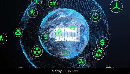 Glowing digital Earth globe floating in dark space, featuring bold SHINE text and green icons Stock Photo