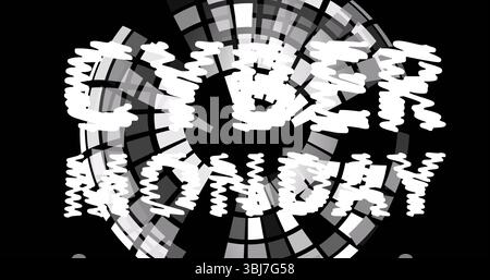 Featuring stylized CYBER MONDAY text over circular gray white pixel mosaic backdrop, digital design Stock Photo