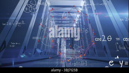Displaying 3D network graph with orange nodes and floating formulas in corridor under blue lighting Stock Photo