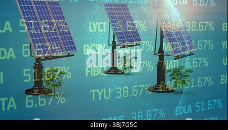 Displaying three solar panels on pedestals in digital space with green plants and ticker data Stock Photo