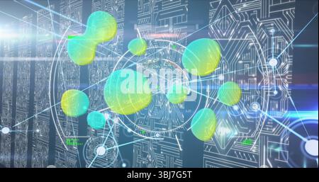 Floating multicolored holographic spheres in data interface, with network lines and circuit boards Stock Photo
